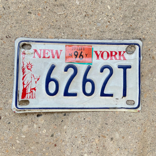Photo of a 1986 1996 New York Motorcycle License Plate Auto Tag Garage Decor Vintage Repeat Repeating 6262T with original patina