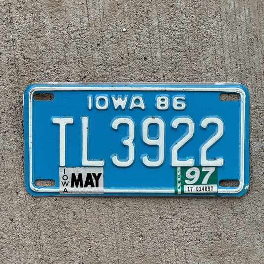 Photo of a 1986 1997 Iowa Motorcycle License Plate Auto Tag Garage Decor Vintage TL 3922