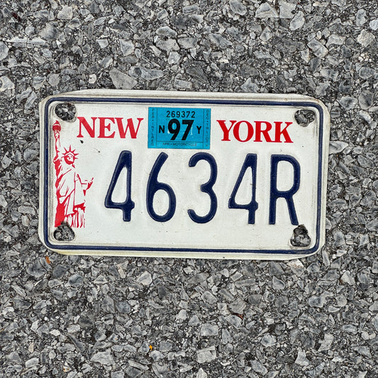 Photo of a 1986 1997 New York Motorcycle License Plate Auto Tag Garage Decor Vintage Liberty Base 4634R