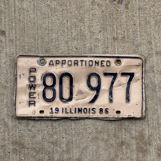 Photo of a 1986 Illinois Apportioned License Plate Auto Tag Garage Decor Vintage Power 80 977 with original patina