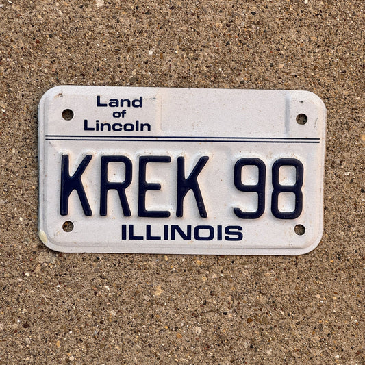 Photo of a 1986 Illinois VANITY MOTORCYCLE License Plate Auto Tag Garage Decor Vintage KREK 98