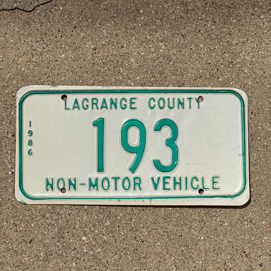Photo of a 1986 Indiana Non-Motor Vehicle License Plate Auto Tag Garage Decor Vintage Lagrange County 193
