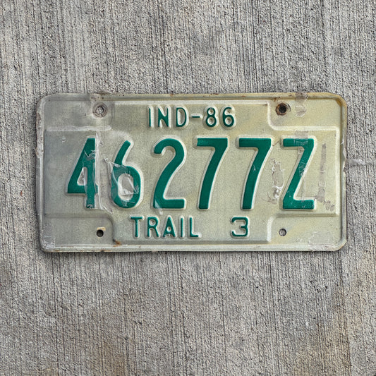 Photo of a 1986 Indiana Trailer License Plate Auto Tag Garage Decor Vintage 46277 Z with original patina