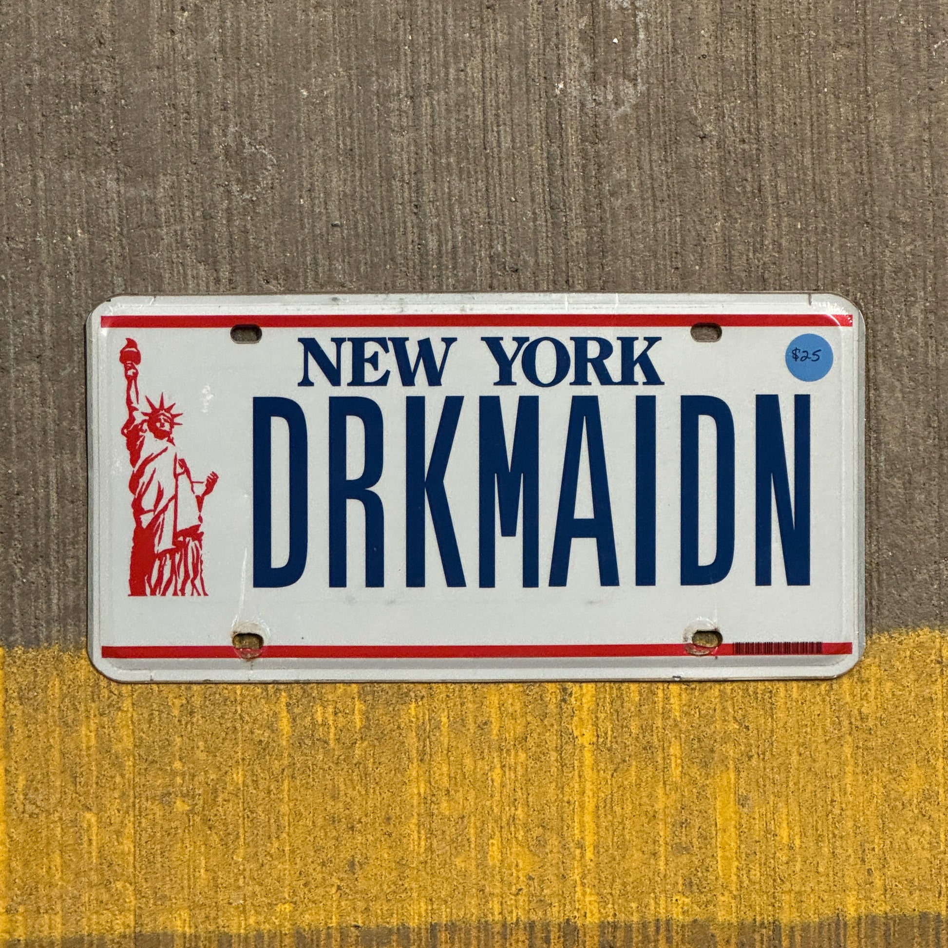 Photo of a 1986 New York Vanity License Plate Auto Tag 2 Vintage Garage Dark Maiden DRKMAIDN with original patina