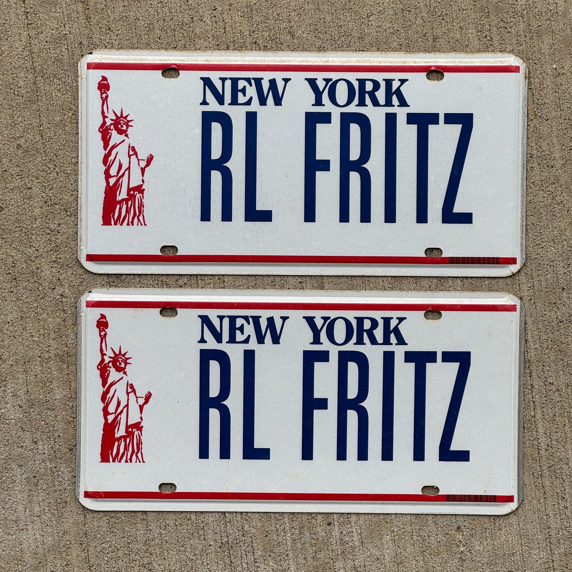 Photo of a 1986 New York VANITY License Plate Pair Auto Tag Garage Decor Vintage Liberty Tag 1 RL FRITZ