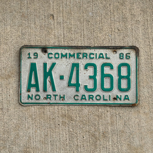 Photo of a 1986 North Carolina Commercial License Plate Auto Tag Garage Decor Vintage AK 4368 with original patina