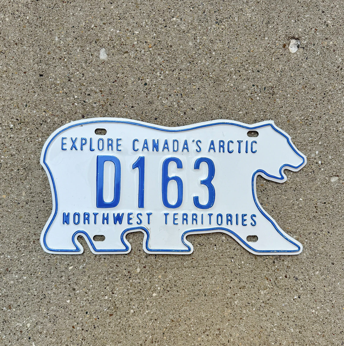 Photo of a 1986 Northwest Territories Dealer License Plate Auto Tag Garage Decor Vintage Polar Bear D 163 with original patina