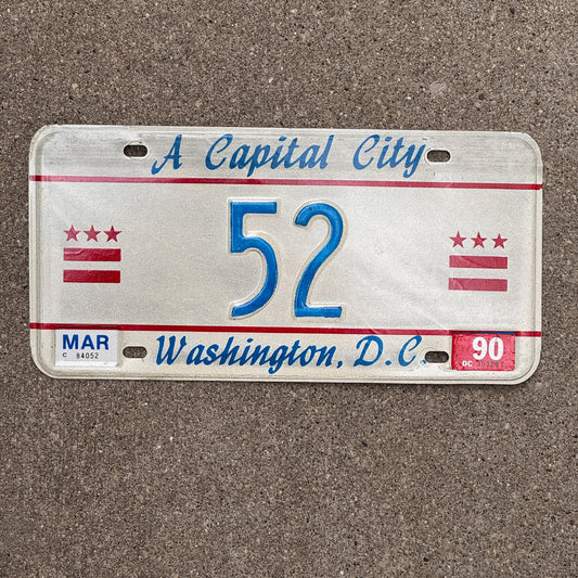 Photo of a 1987 1990 Washington DC License Plate Auto Tag Garage Decor Vintage Low Number Two Digit 52 with original patina