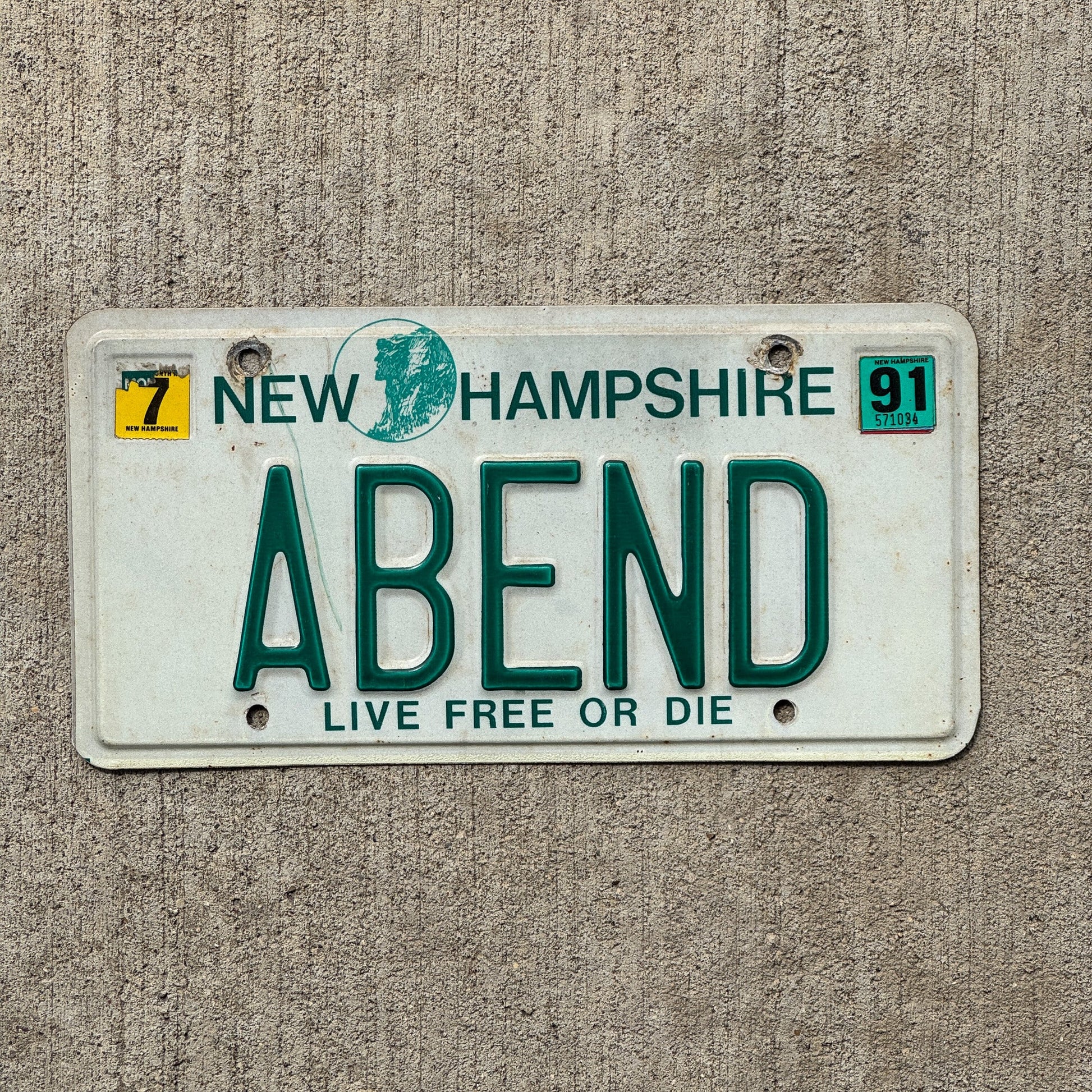 Photo of a 1987 1991 New Hampshire VANITY License Plate Auto Tag Garage Decor Vintage ABEND