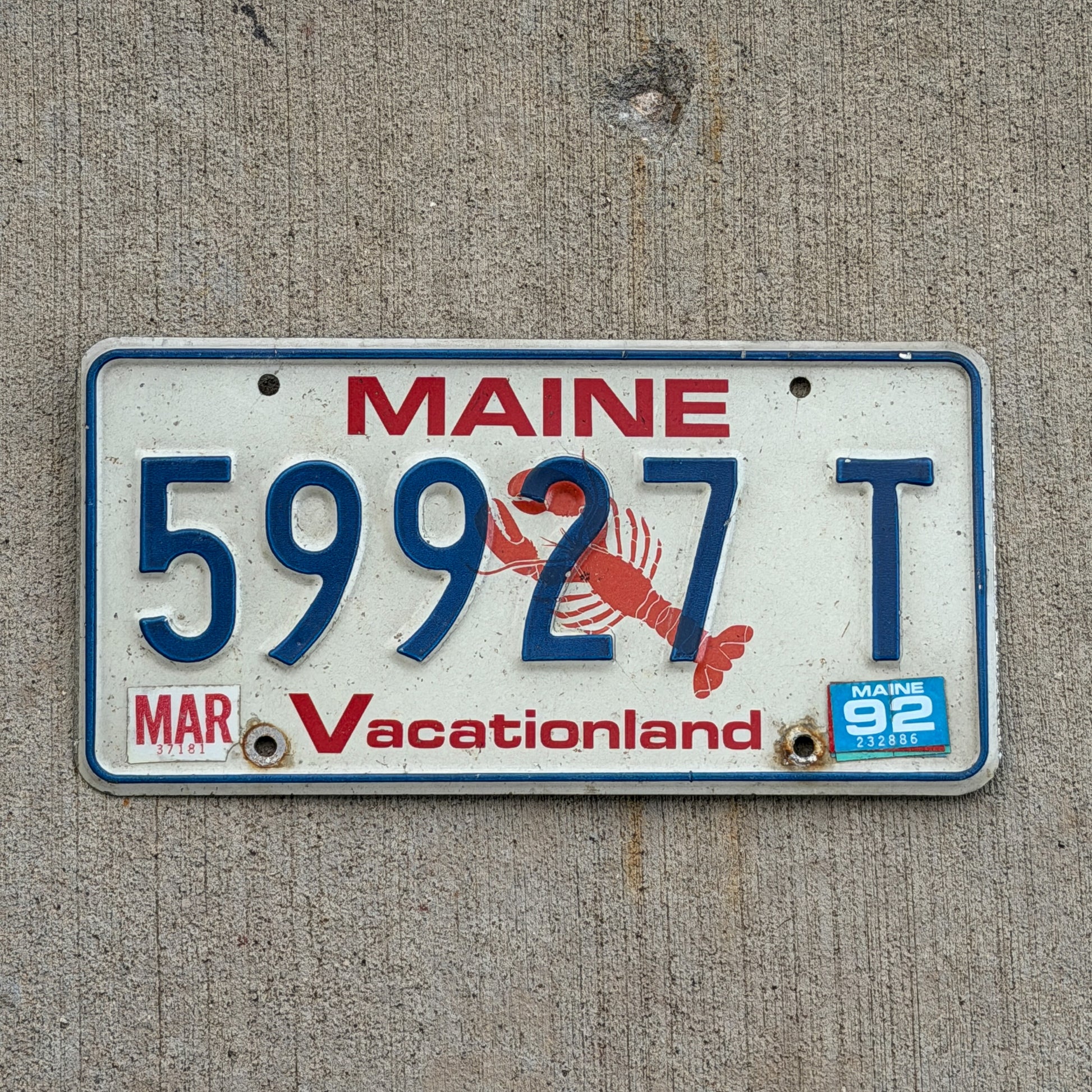 Photo of a 1987 1992 Maine License Plate Auto Tag Garage Decor Vintage Lobster 59927 T with original patina