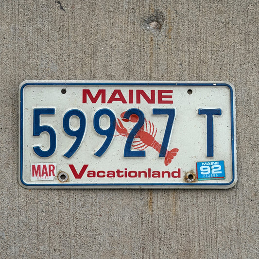 Photo of a 1987 1992 Maine License Plate Auto Tag Garage Decor Vintage Lobster 59927 T with original patina