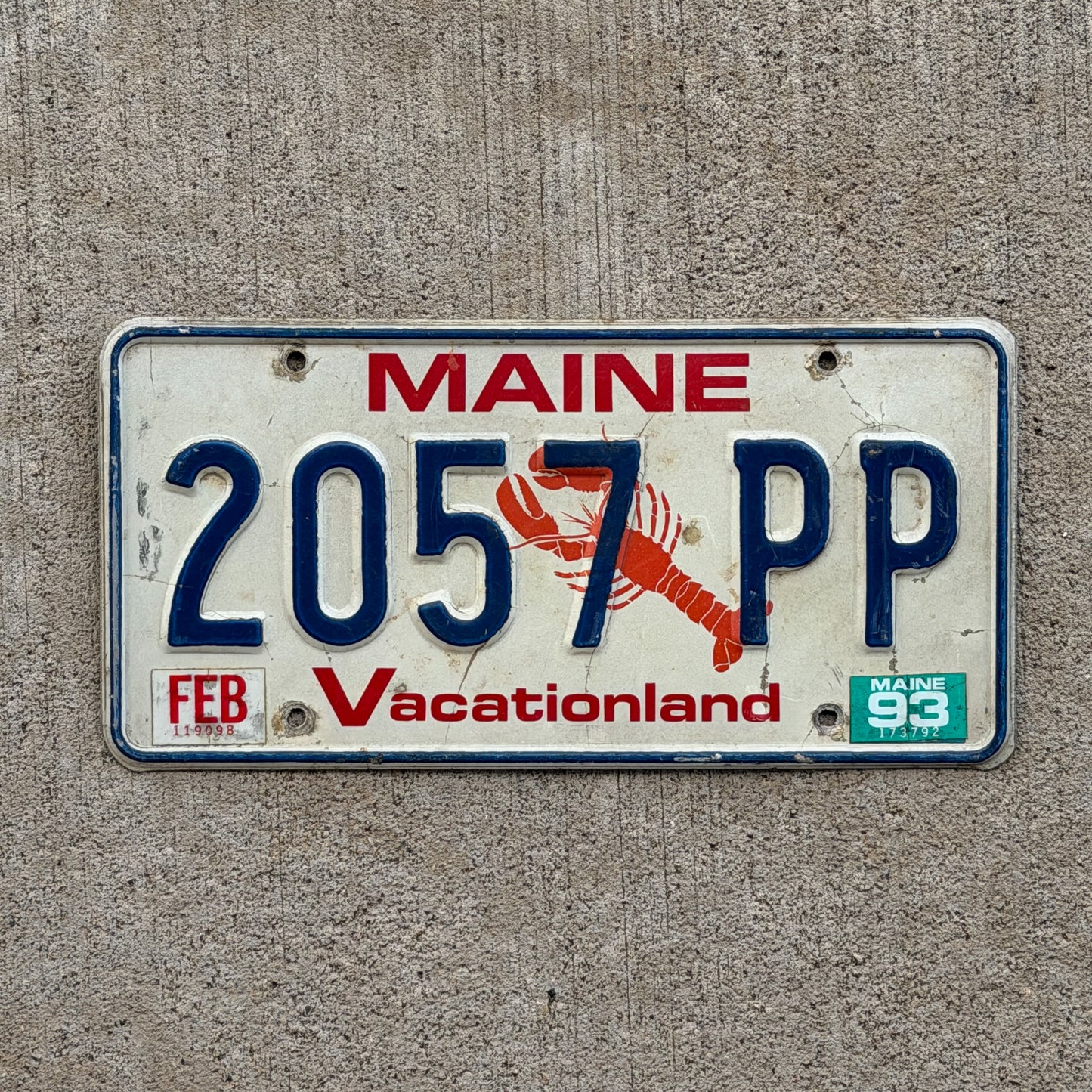 Photo of a 1987 1993 Maine License Plate Auto Tag 1 Vintage Garage Lobster 2057 PP with original patina