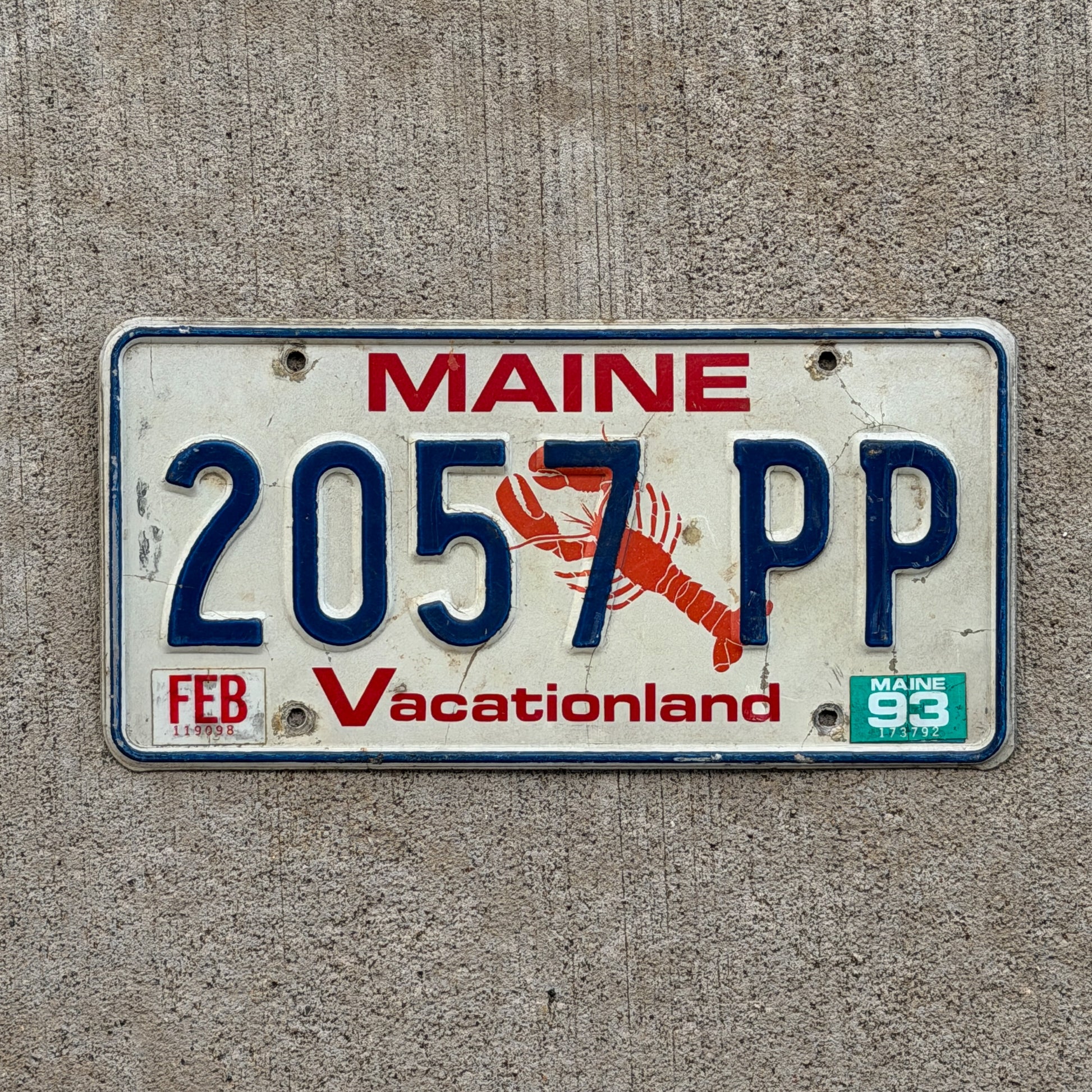 Photo of a 1987 1993 Maine License Plate Auto Tag 1 Vintage Garage Lobster 2057 PP with original patina