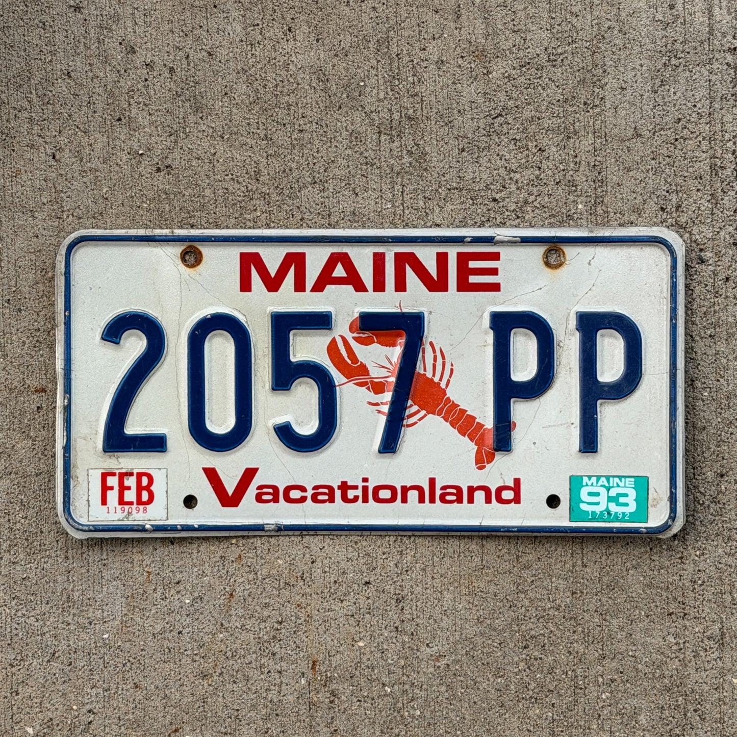 Photo of a 1987 1993 Maine License Plate Auto Tag 2 Vintage Garage Lobster 2057 PP with original patina