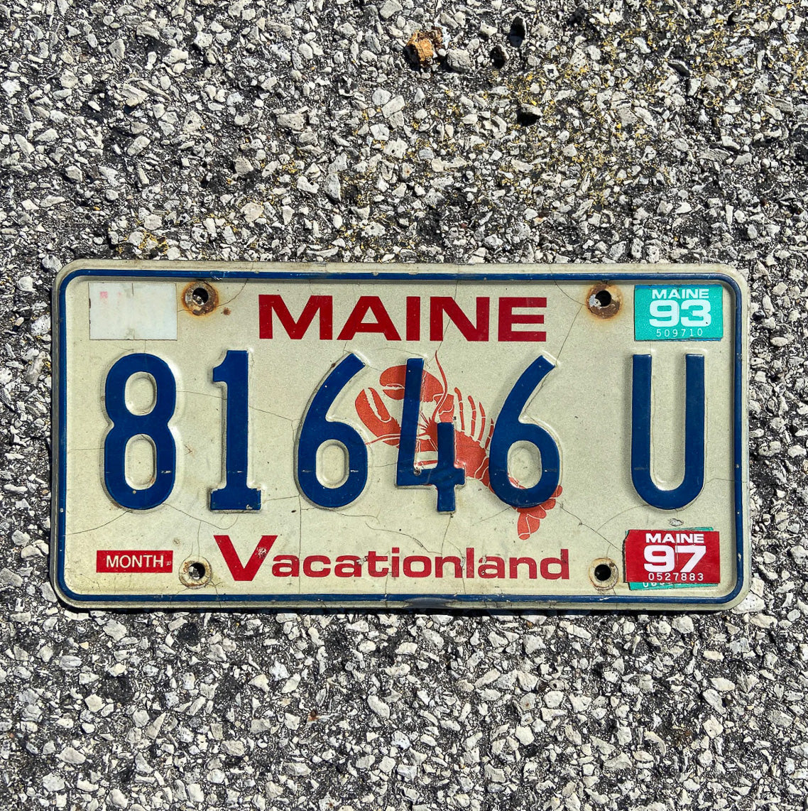 Photo of a 1987 1997 Maine License Plate Auto Tag Garage Decor Vintage Lobster Base 81646 U with original patina