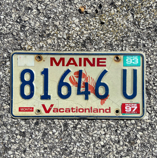 Photo of a 1987 1997 Maine License Plate Auto Tag Garage Decor Vintage Lobster Base 81646 U with original patina