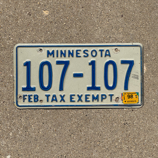 Photo of a 1987 1998 Minnesota Tax Exempt License Plate Auto Tag 2 Garage Decor Repeat Repeating 107 107