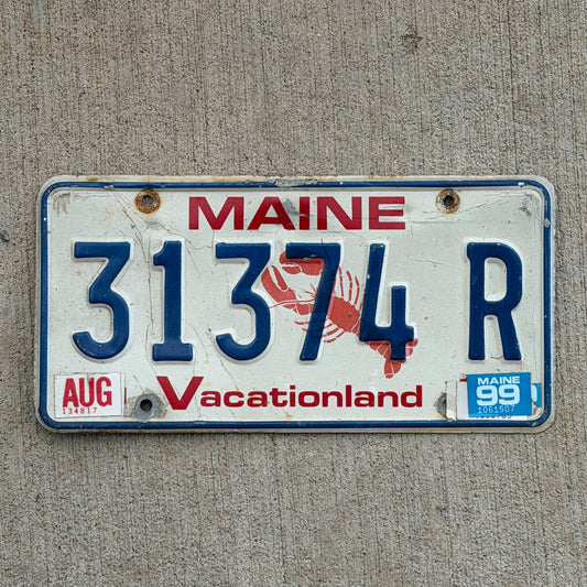 Photo of a 1987 1999 Maine License Plate Auto Tag Garage Decor Vintage Lobster 31374 R with original patina