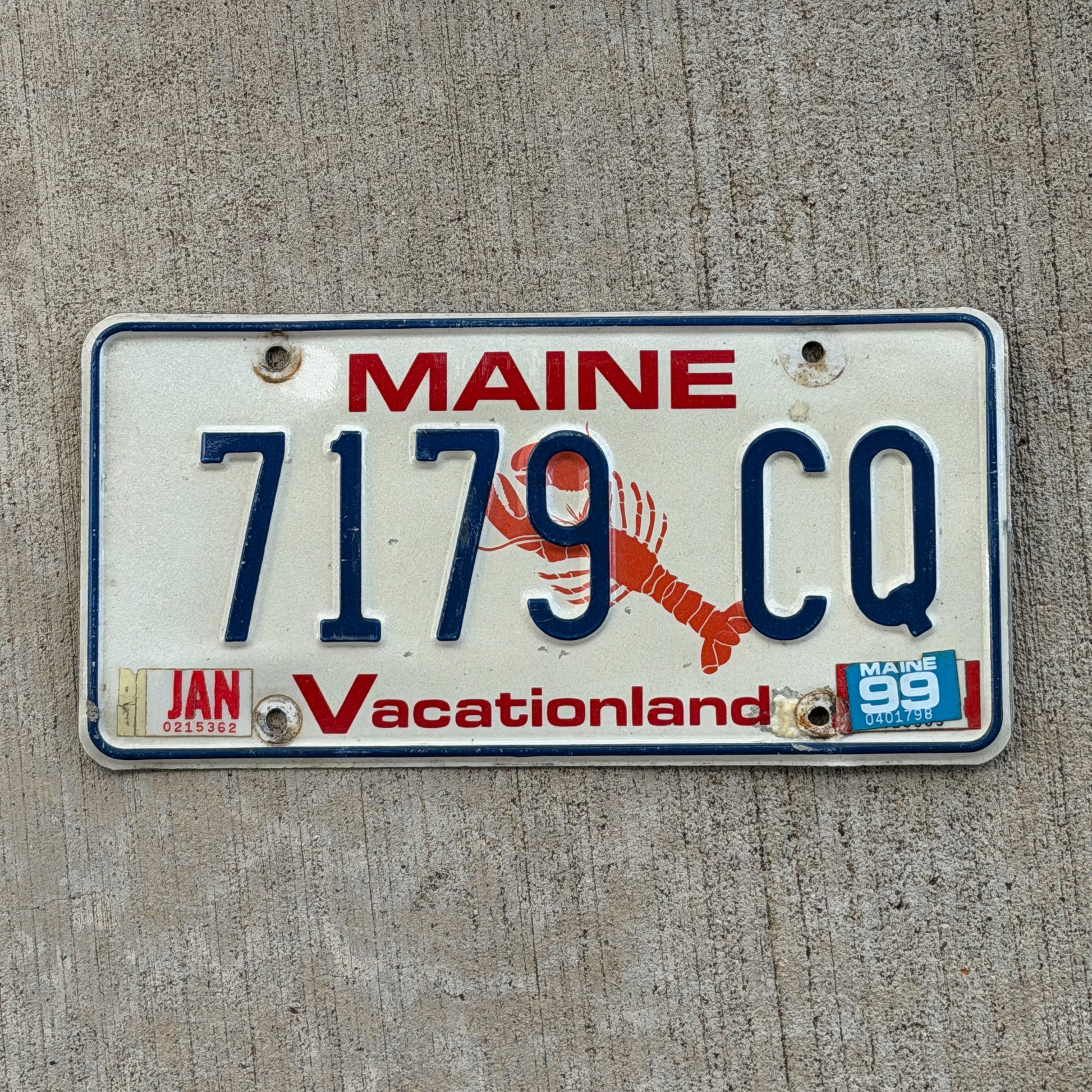 Photo of a 1987 1999 Maine License Plate Auto Tag Garage Decor Vintage Lobster 7179 CQ with original patina