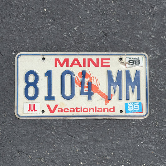 Photo of a 1987 1999 Maine License Plate Auto Tag Garage Decor Vintage Lobster 8104 MM with original patina