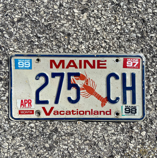 Photo of a 1987 1999 Maine License Plate Auto Tag Garage Decor Vintage Lobster Base 275 CH with original patina