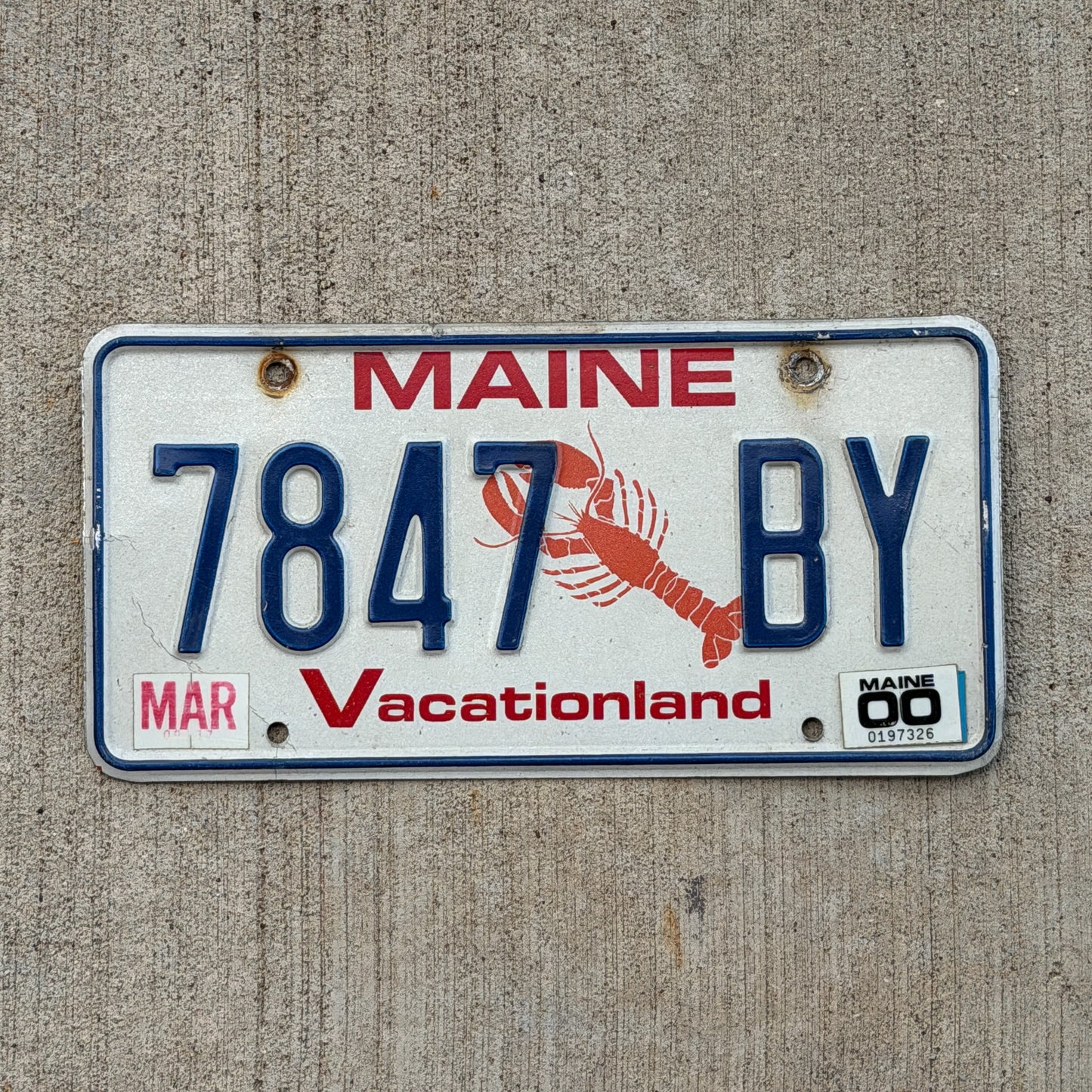 Photo of a 1987 2000 Maine License Plate Auto Tag 2 Vintage Garage Lobster 7847 BY with original patina