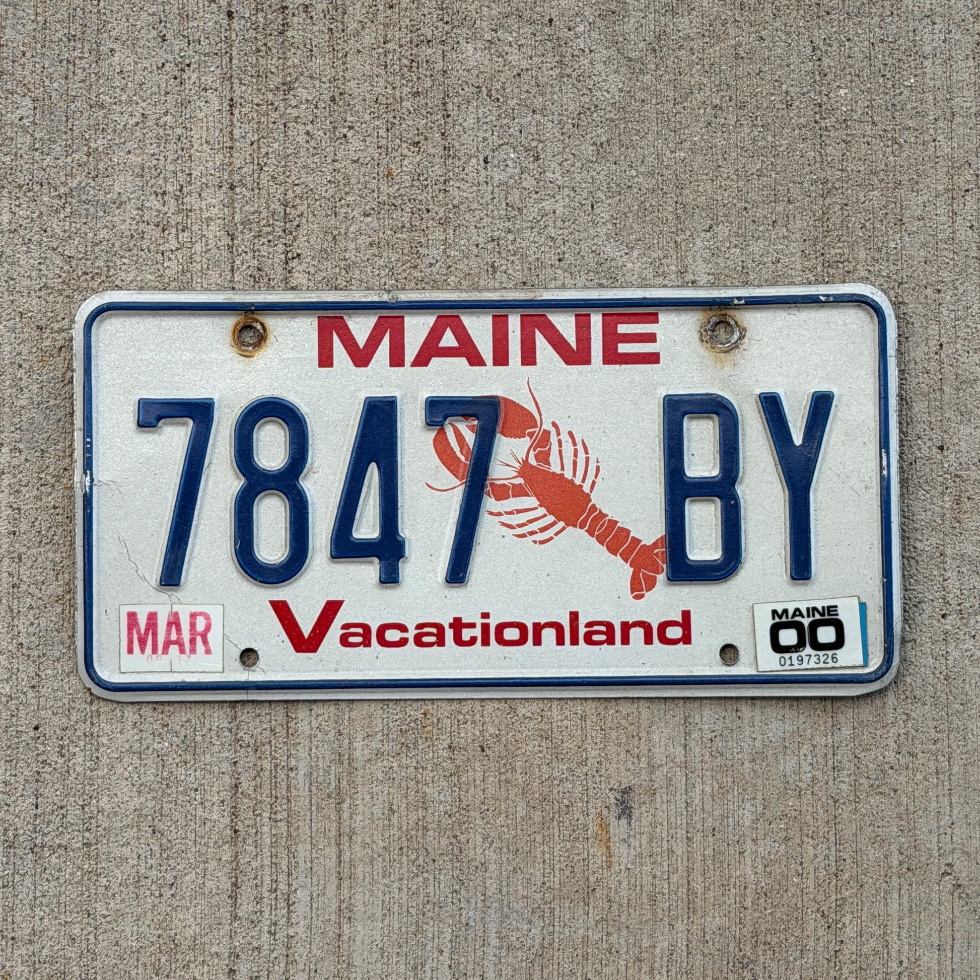 Photo of a 1987 2000 Maine License Plate Auto Tag 2 Vintage Garage Lobster 7847 BY with original patina