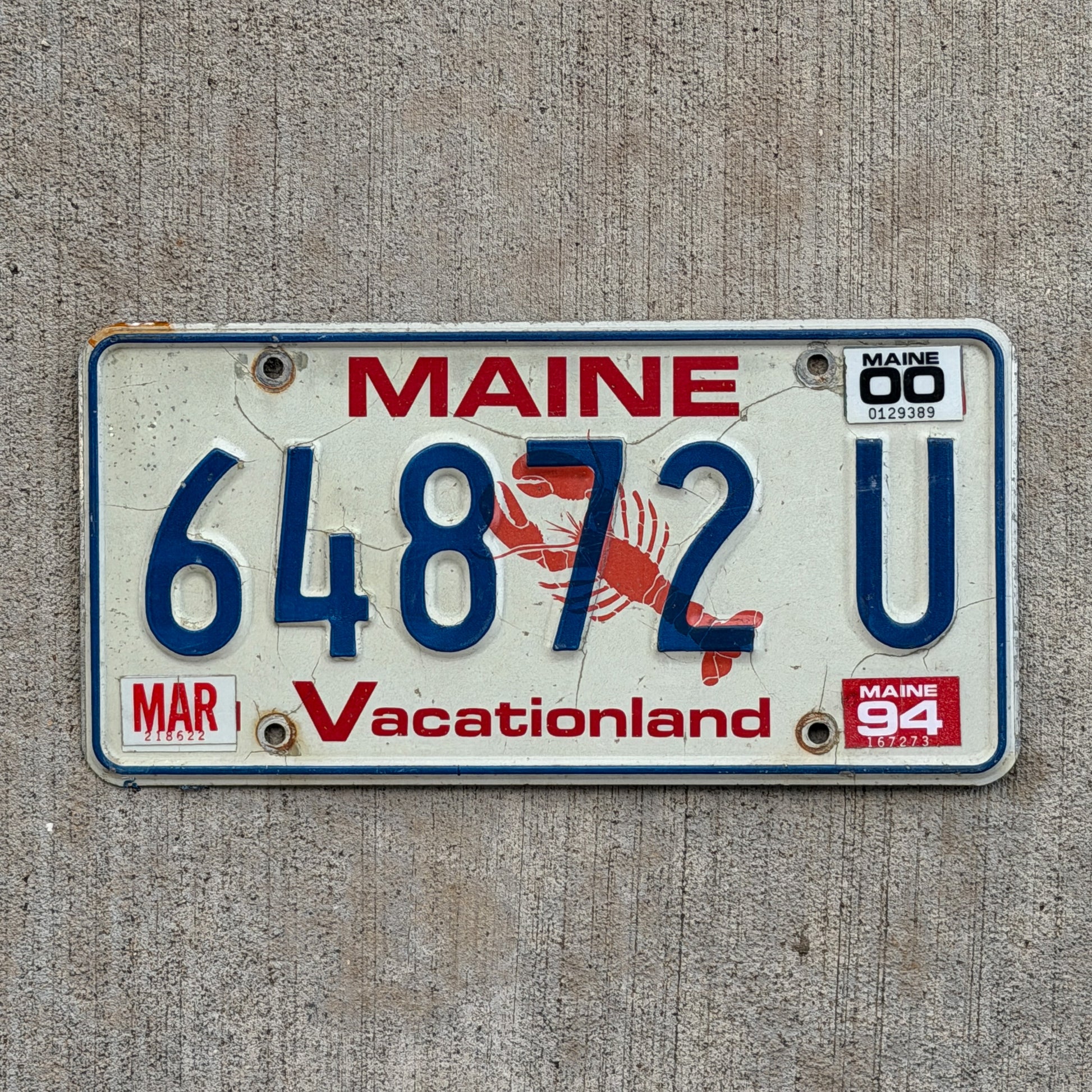 Photo of a 1987 2000 Maine License Plate Auto Tag Garage Decor Vintage Lobster 64872 U with original patina