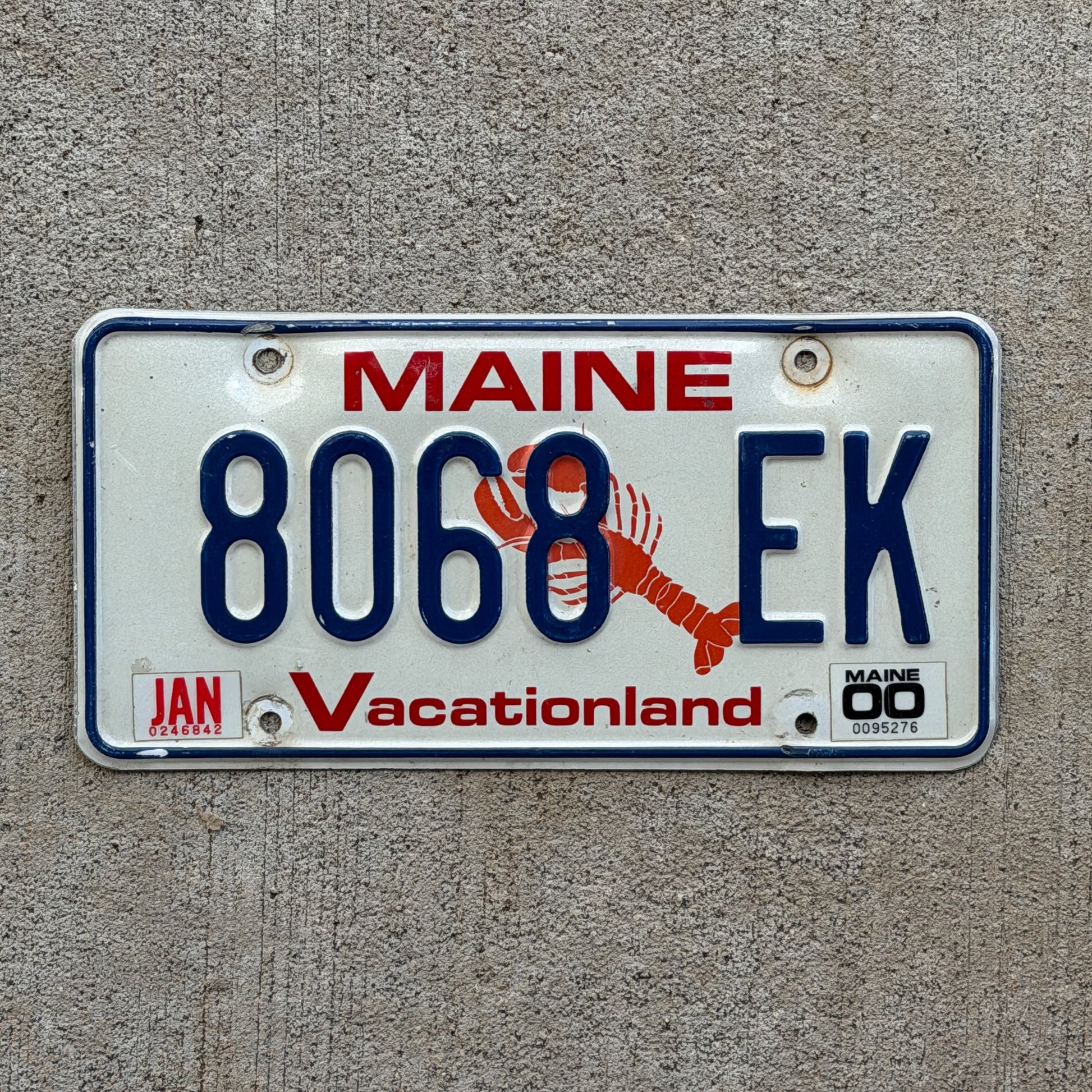 Photo of a 1987 2000 Maine License Plate Auto Tag Garage Decor Vintage Lobster 8068 EK with original patina