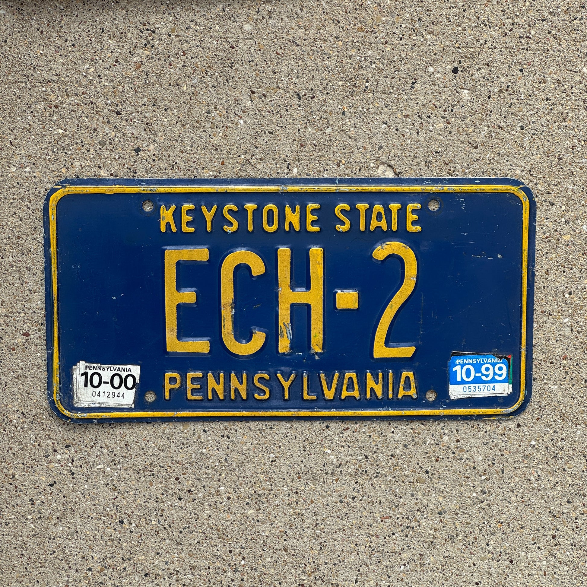 Photo of a 1987 2000 Pennsylvania Vanity License Plate Auto Tag Garage Decor Vintage ECH 2 with original patina