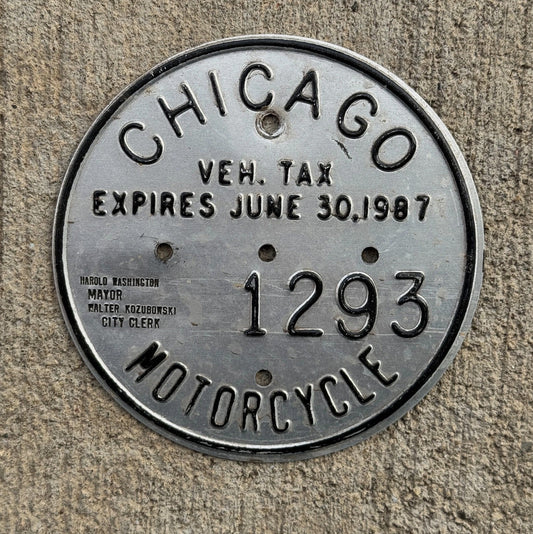 Photo of a 1987 Chicago MOTORCYCLE Tax Tag Disc Disk Medallion Auto Tag Garage Decor Vintage 1293