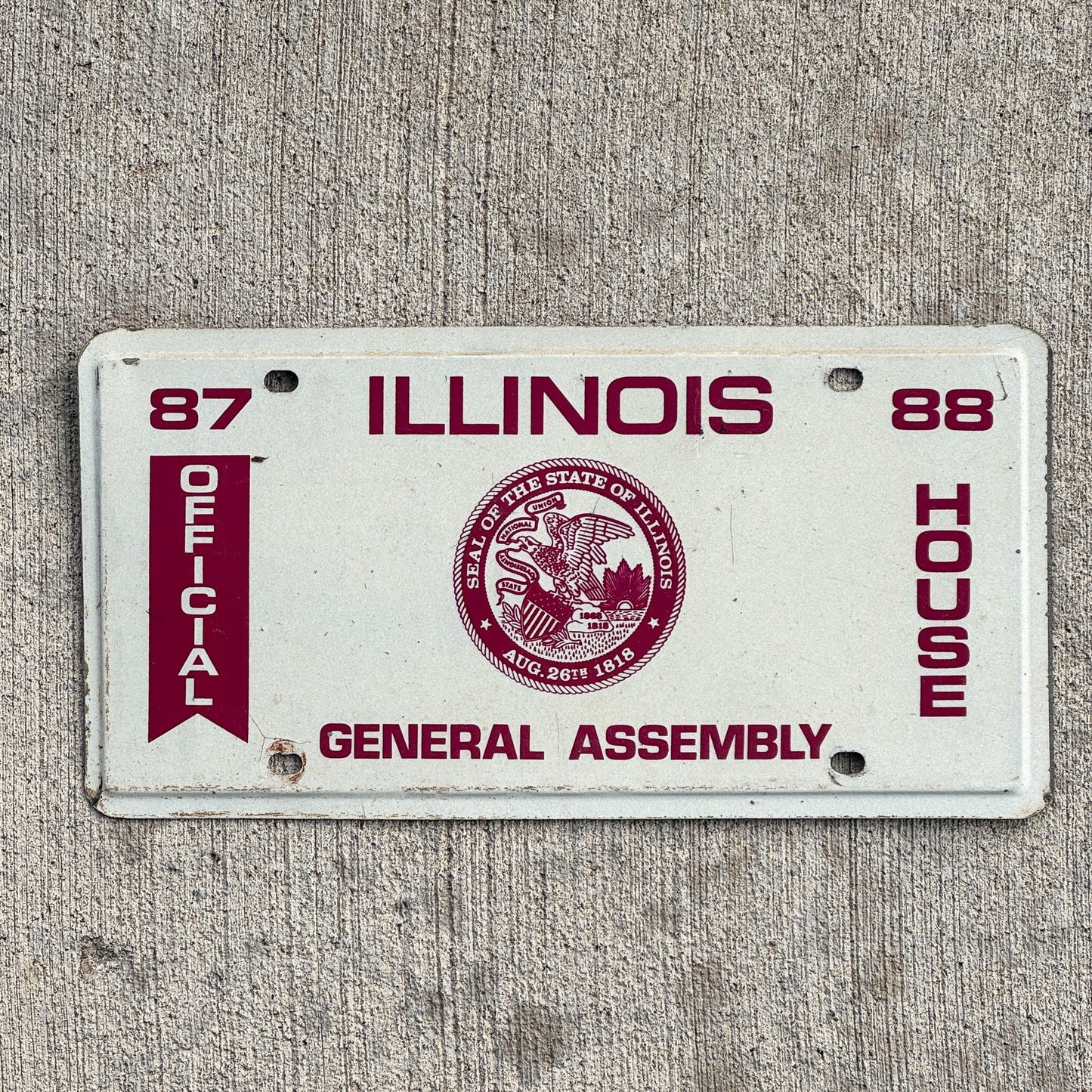 Photo of a 1987 Illinois House License Plate Auto Tag Garage Decor Vintage Politics Political Official with original patina