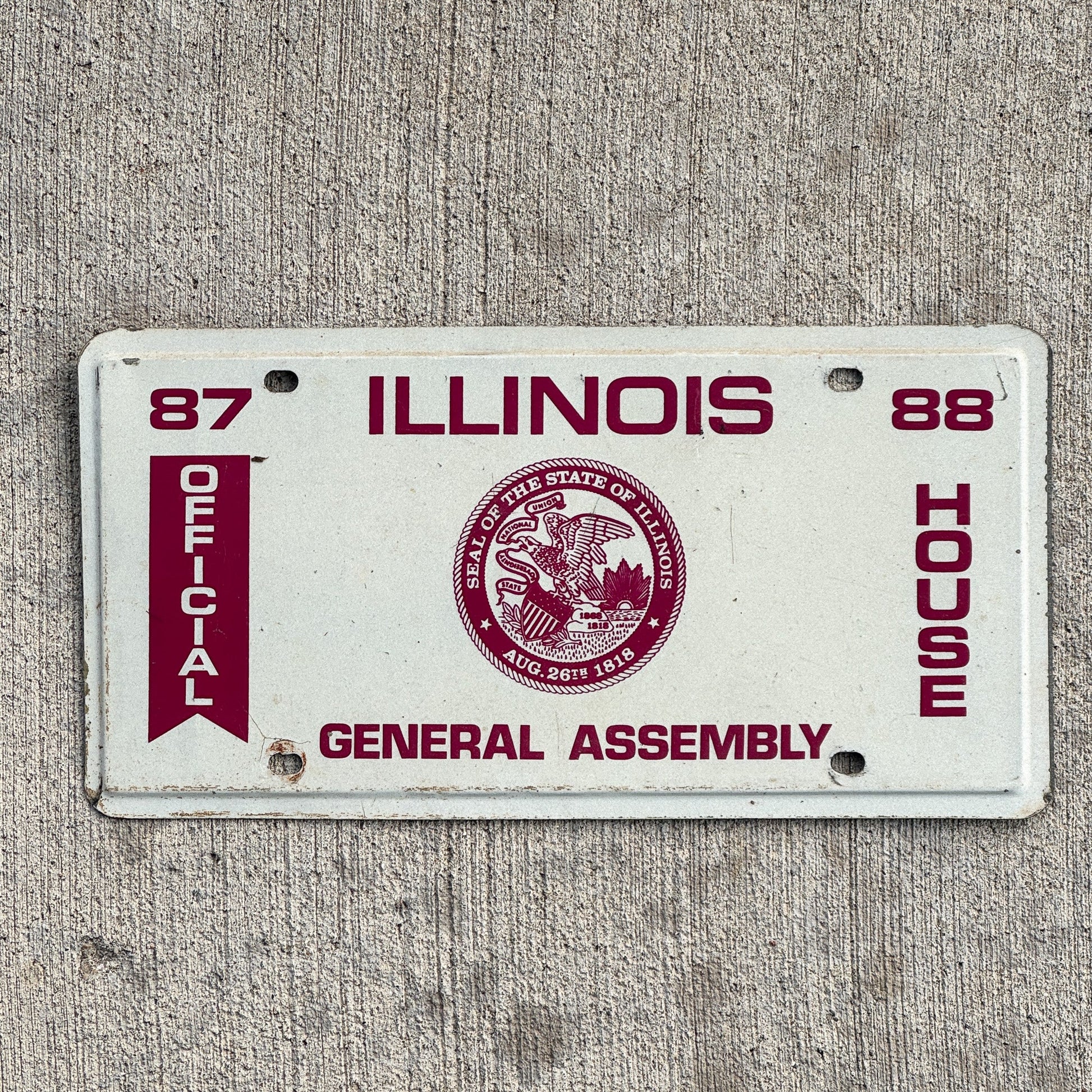 Photo of a 1987 Illinois House License Plate Auto Tag Garage Decor Vintage Politics Political Official with original patina