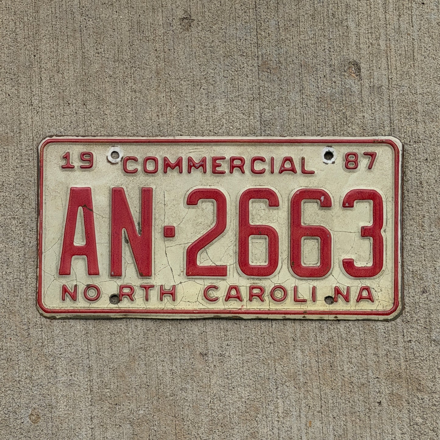 Photo of a 1987 North Carolina Commercial License Plate Auto Tag Garage Decor Vintage AN 2663 with original patina