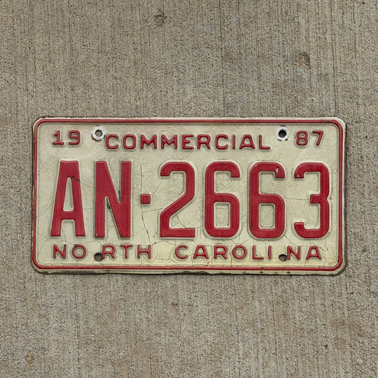 Photo of a 1987 North Carolina Commercial License Plate Auto Tag Garage Decor Vintage AN 2663 with original patina