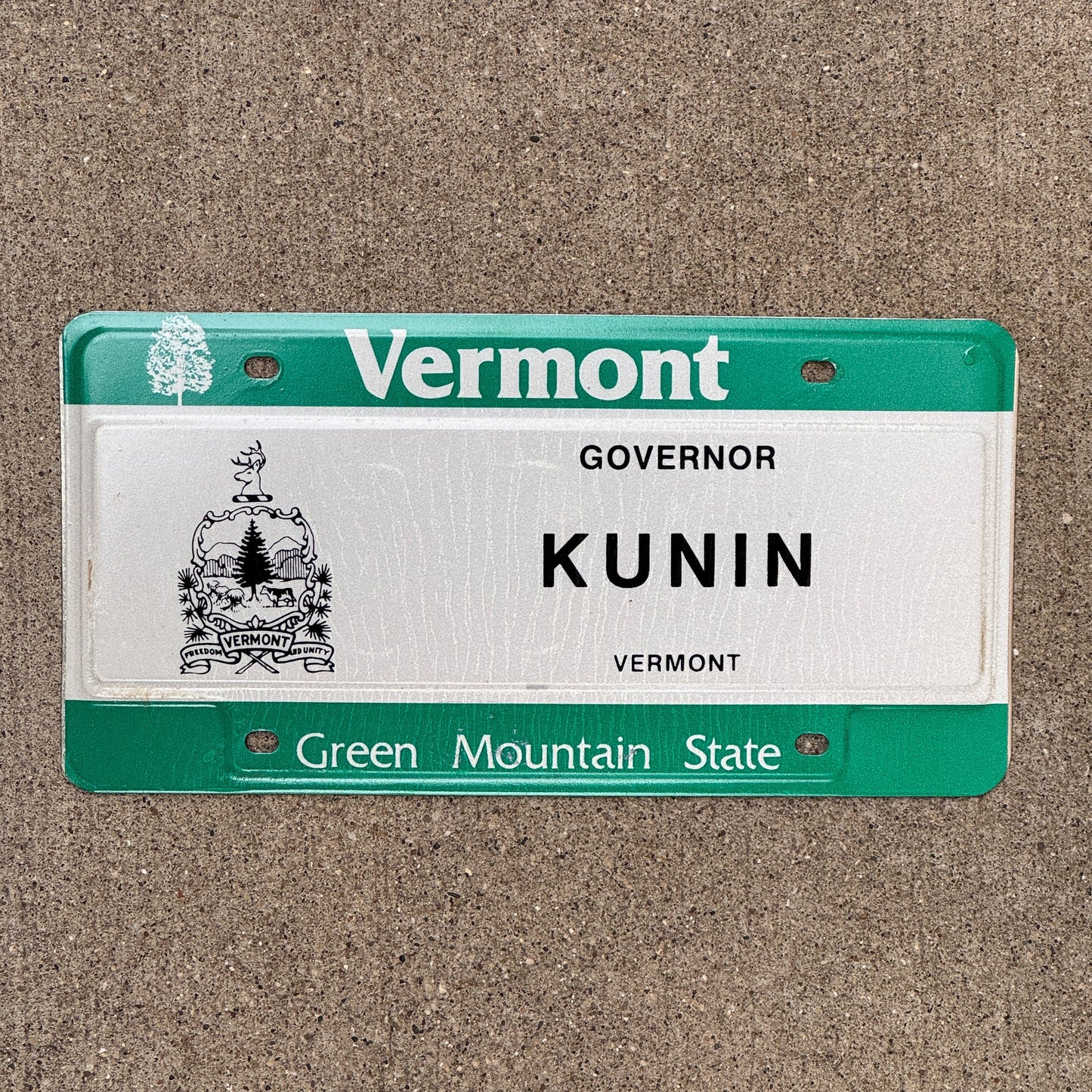 Photo of a 1987 Vermont 50th Governor's Conference License Plate Auto Tag Garage Decor Vintage KUNIN with original patina