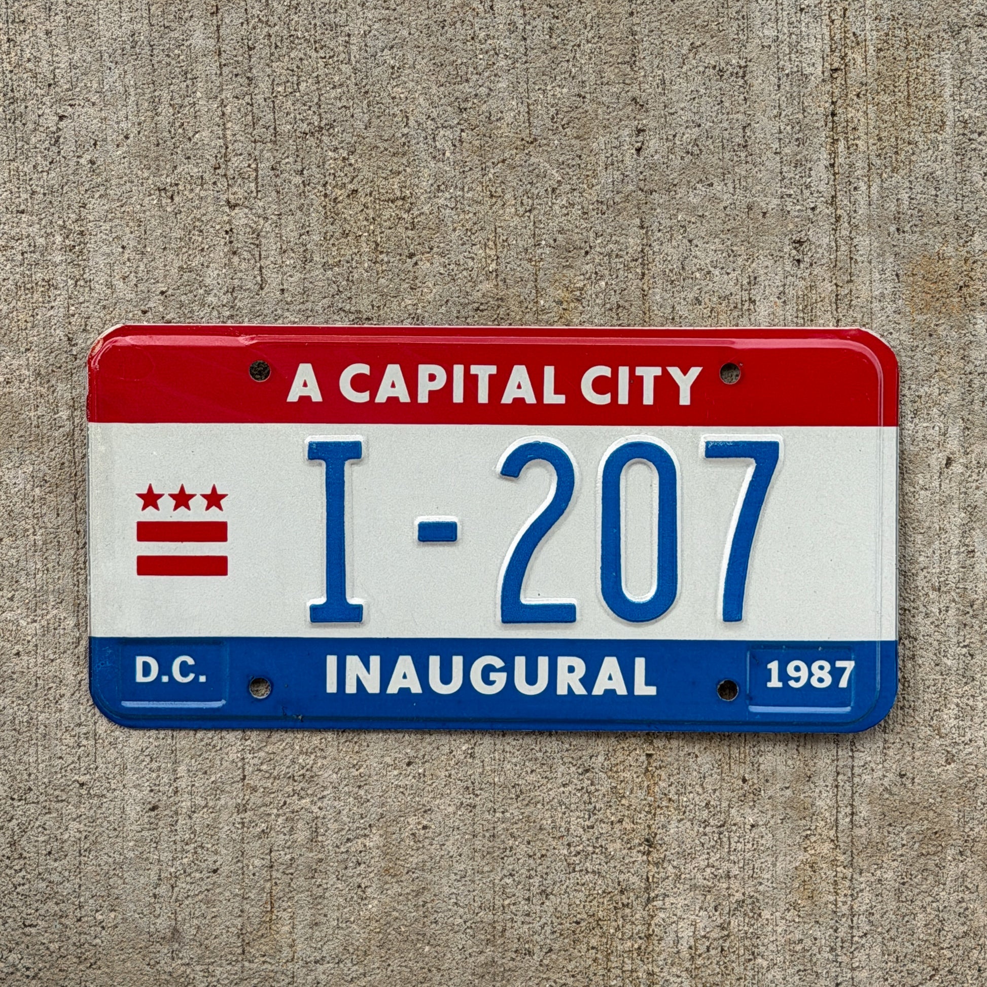 Photo of a 1987 Washington DC Inaugural License Plate Auto Tag 2 Vintage Garage Mayor I 207 with original patina