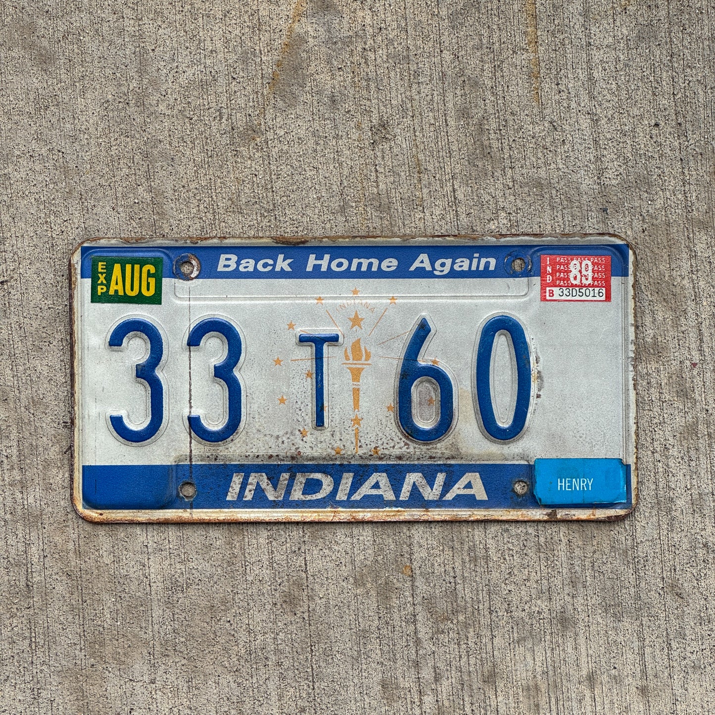 Photo of a 1988 1989 Indiana License Plate Auto Tag Garage Decor Vintage 33 T 60 with original patina