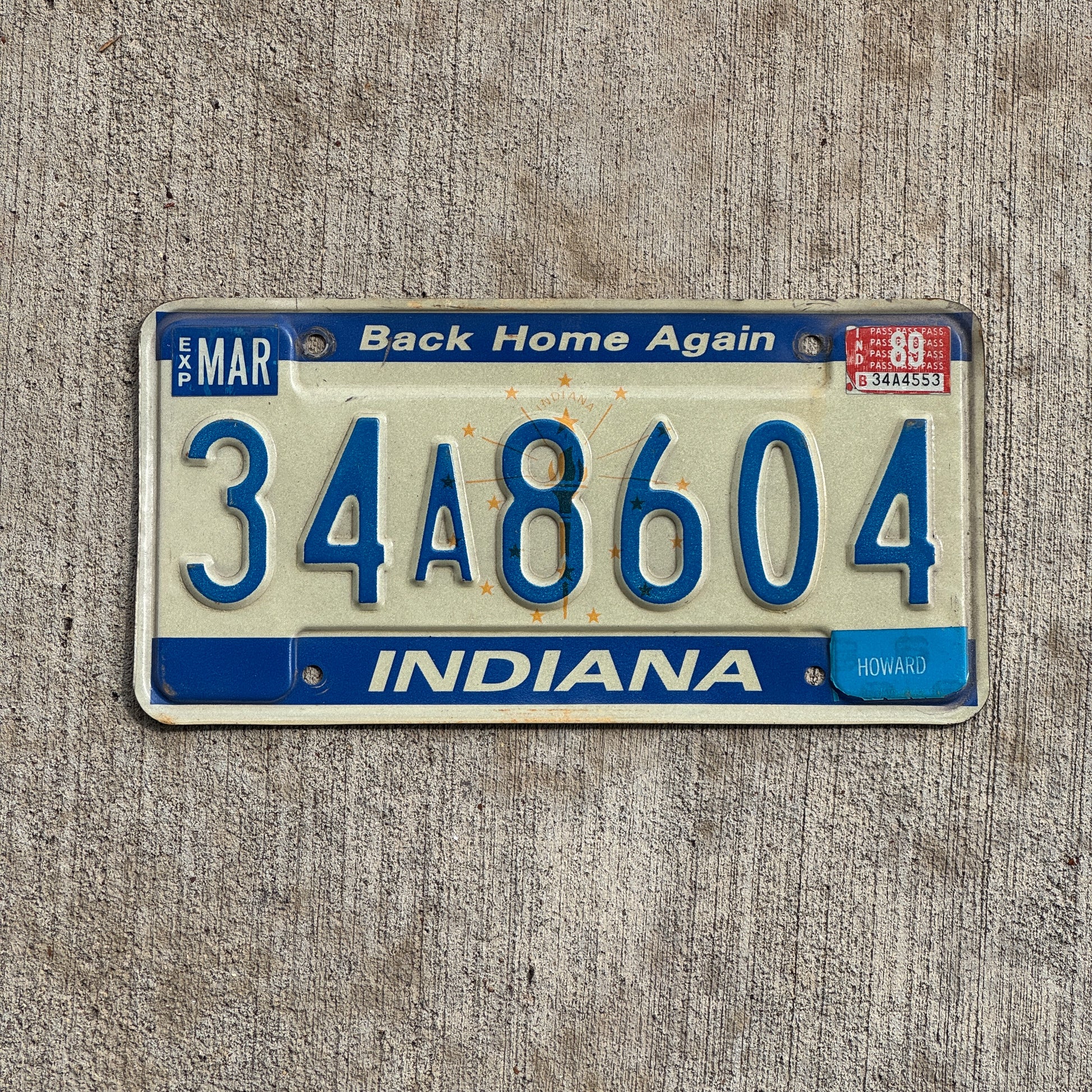 Photo of a 1988 1989 Indiana License Plate Auto Tag Garage Decor Vintage 34 A 8604 with original patina