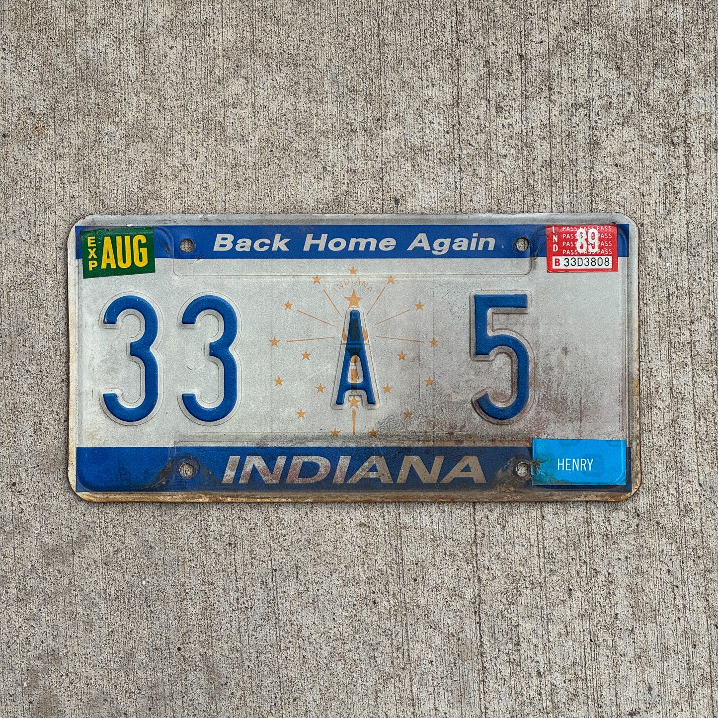Photo of a 1988 1989 Indiana License Plate Auto Tag Garage Decor Vintage Henry County Low Number 33 A 5 with original patina