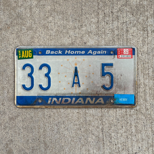 Photo of a 1988 1989 Indiana License Plate Auto Tag Garage Decor Vintage Henry County Low Number 33 A 5 with original patina