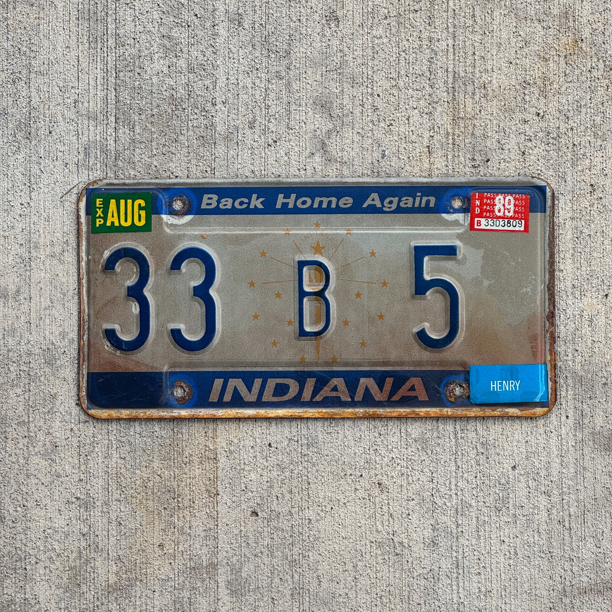 Photo of a 1988 1989 Indiana License Plate Auto Tag Garage Decor Vintage Henry County Low Number 33 B 5 with original patina