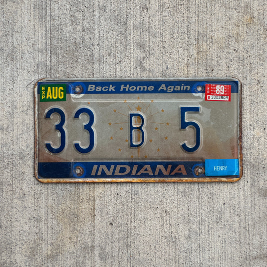 Photo of a 1988 1989 Indiana License Plate Auto Tag Garage Decor Vintage Henry County Low Number 33 B 5 with original patina