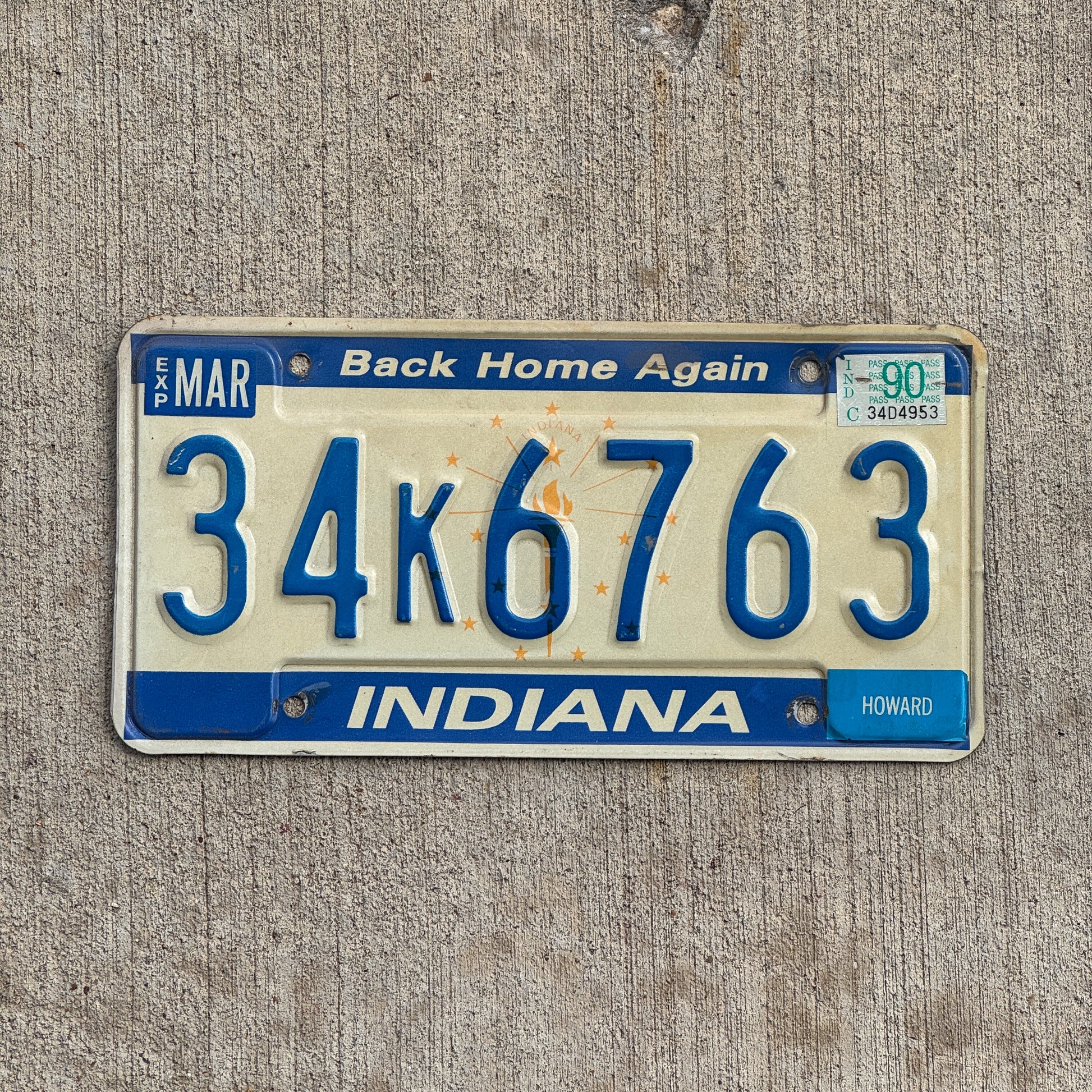 Photo of a 1988 1990 Indiana License Plate Auto Tag Garage Decor Vintage 34 K 6763 with original patina