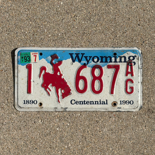 Photo of a 1988 1993 Wyoming License Plate Auto Tag Garage Decor Vintage Cowboy Rodeo 1 687 AG with original patina
