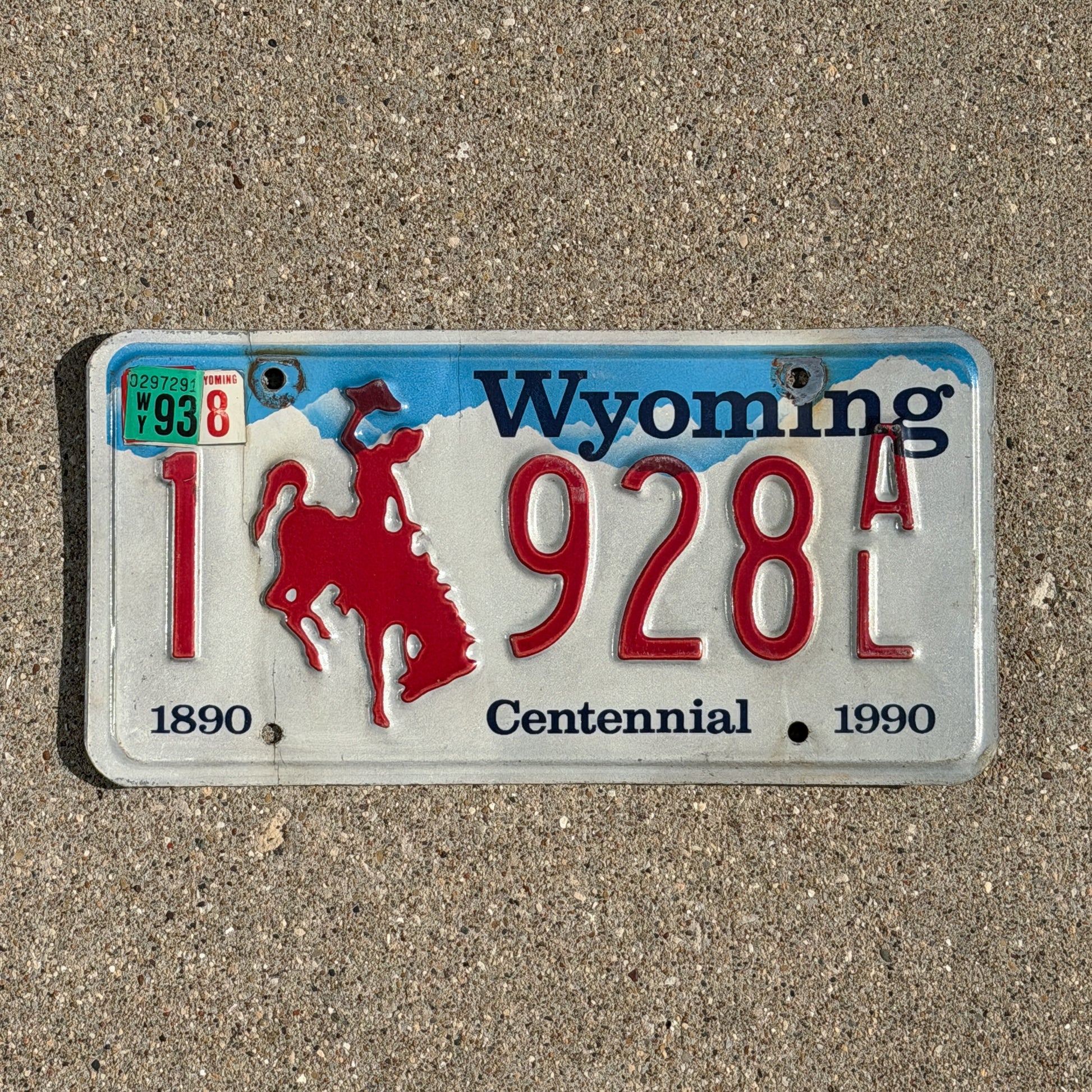 Photo of a 1988 1993 Wyoming License Plate Auto Tag Garage Decor Vintage Cowboy Rodeo 1 928 AL with original patina