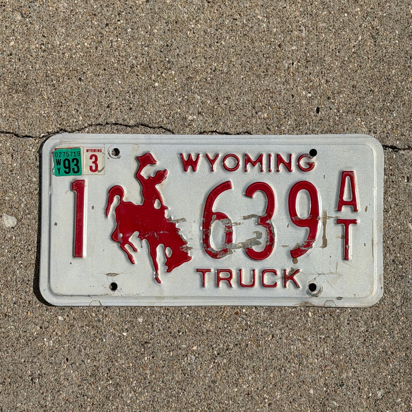 Photo of a 1988 1993 Wyoming Truck License Plate Auto Tag Garage Decor Vintage Cowboy Rodeo 1 639 AT with original patina