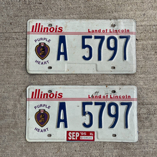 Photo of a 1988 1995 Illinois Purple Heart License Plate Pair Auto Tag Garage Decor Vintage Military A 5797 with original patina