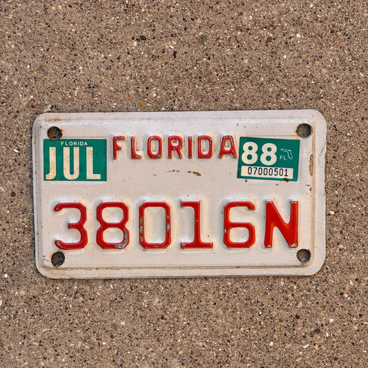 Photo of a 1988 Florida Motorcycle License Plate Auto Tag Garage Decor Vintage 38016 N