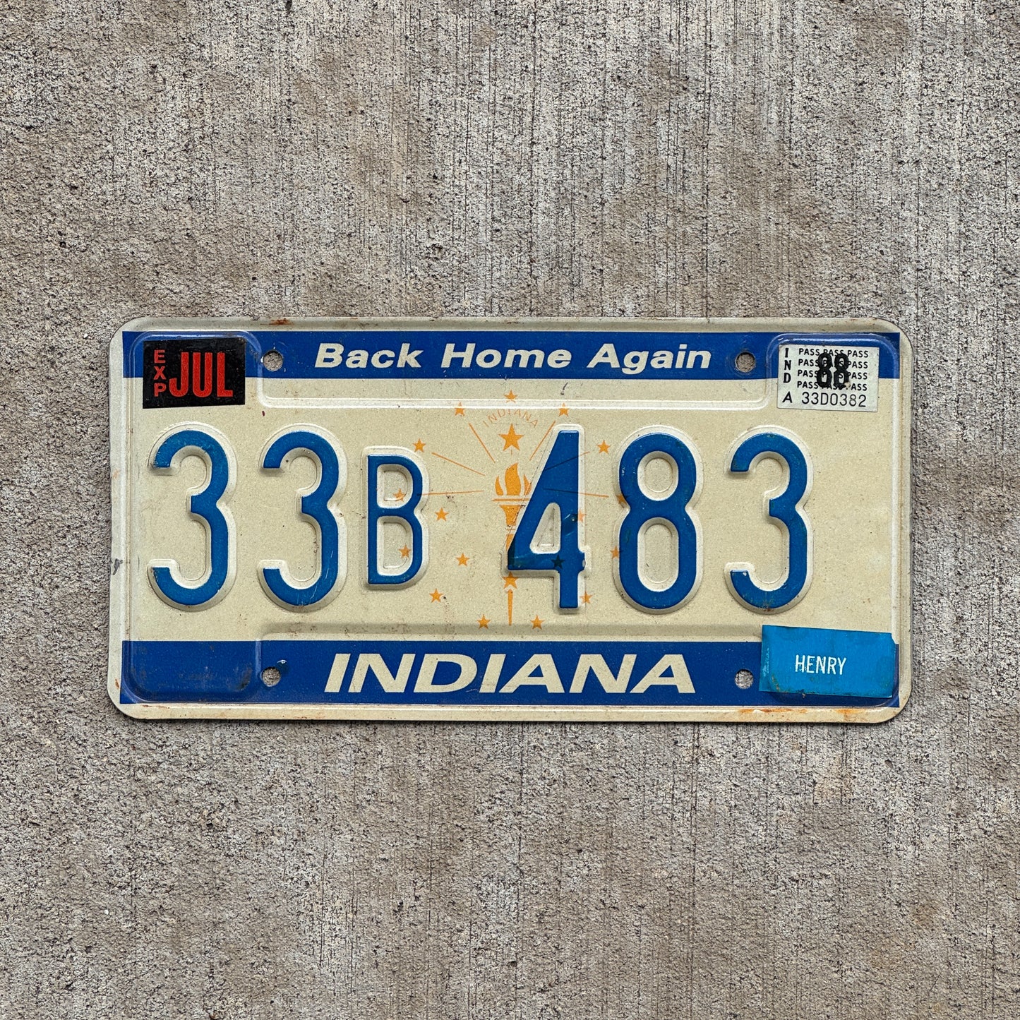 Photo of a 1988 Indiana License Plate Auto Tag Garage Decor Vintage 33 B 483 with original patina
